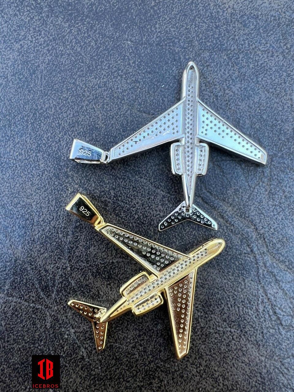 925 Silver 10K Gold Bling Out Iced Airplane Hip Hop Pendant Necklace Air Plane