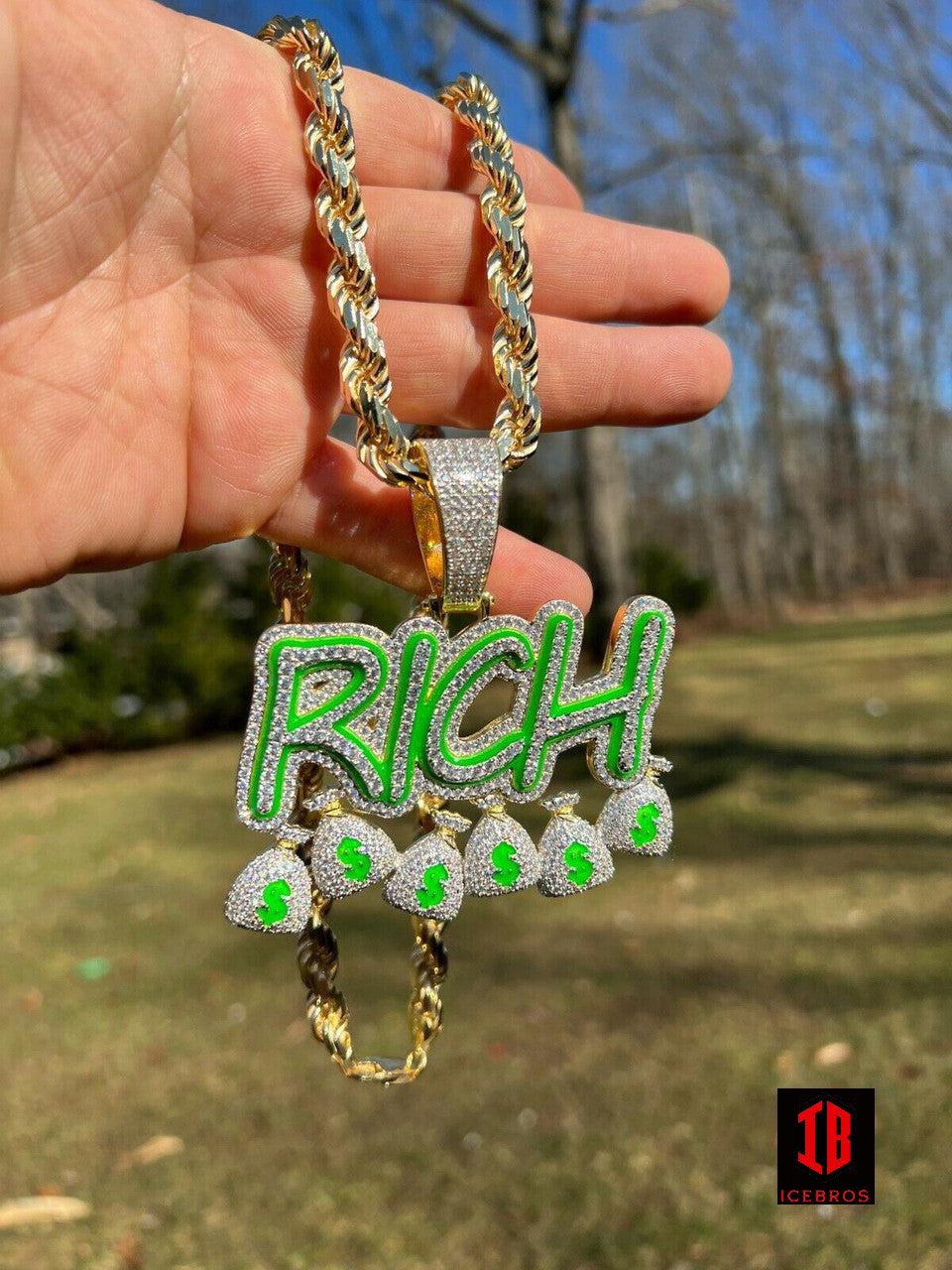 Green Silver Gold Glows In Dark RICH Money Bag $ Big Hip Hop Pendant Necklace