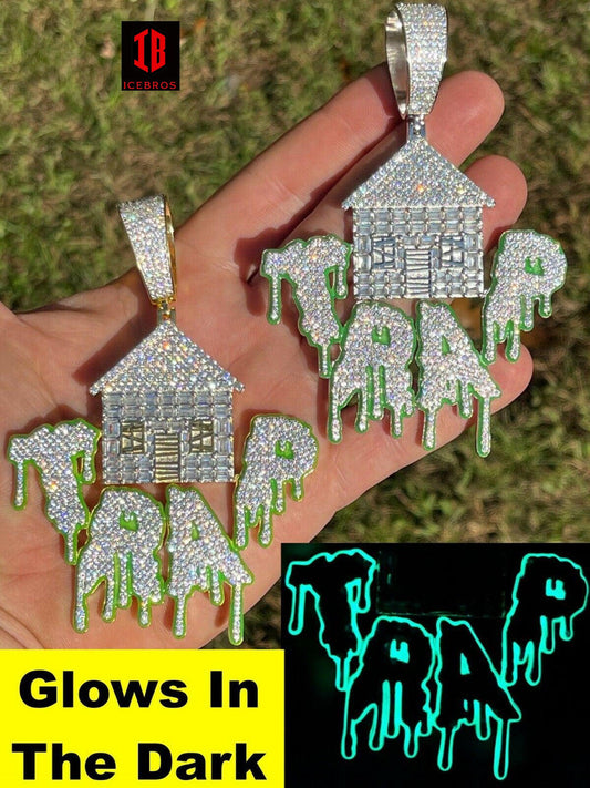 925 Silver Gold XL 3inch Green Glows In Dark Drip HOUSE TRAP House Baguette