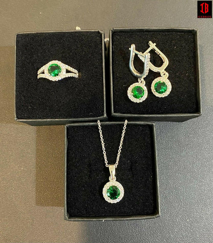 Real 925 Silver Green Emerald Diamond Ring Pendant Necklace Earrings Jewelry Set