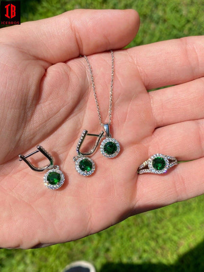 Real 925 Silver Green Emerald Diamond Ring Pendant Necklace Earrings Jewelry Set