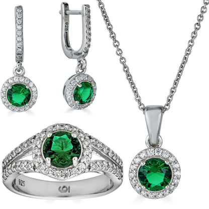 Real 925 Silver Green Emerald Diamond Ring Pendant Necklace Earrings Jewelry Set