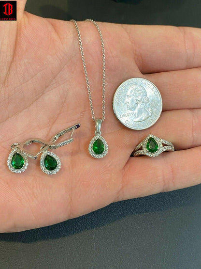 Real 925 Silver Green Pear Emerald Diamond Ring Pendant Necklace Earrings Set
