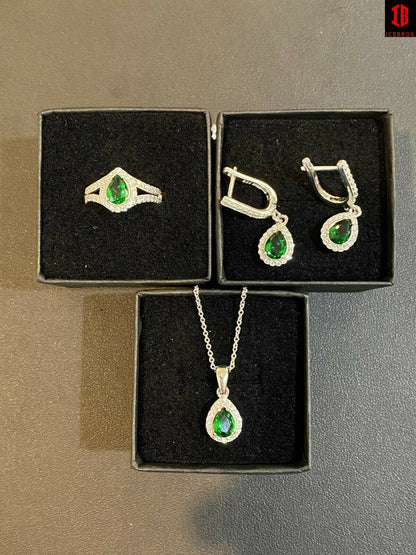 Real 925 Silver Green Pear Emerald Diamond Ring Pendant Necklace Earrings Set