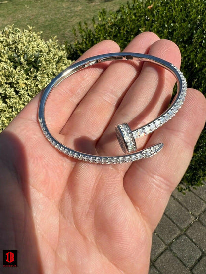 Real 925 Silver Iced Baguette Diamond Nail Bangle Bracelet 6-7.5inch Mens Ladies