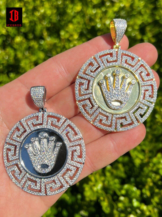 Fine 925 Silver Iced Hip Hop Diamond King Crown Medallion Pendant Necklace Gold