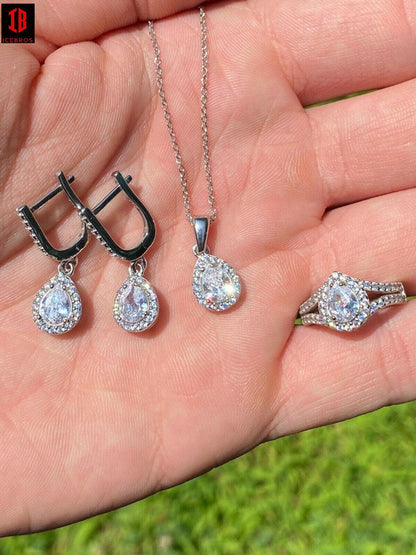 Real 925 Silver Pear Diamond Ring Pendant Necklace Earrings Jewelry Set Girls