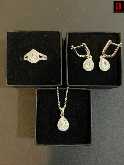 Real 925 Silver Pear Diamond Ring Pendant Necklace Earrings Jewelry Set Girls