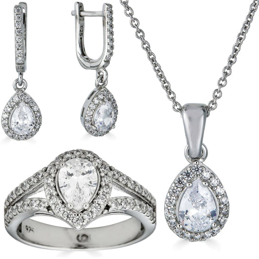 Real 925 Silver Pear Diamond Ring Pendant Necklace Earrings Jewelry Set Girls