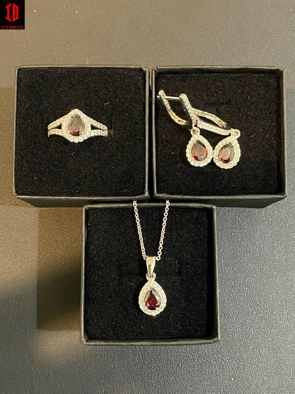 Real 925 Silver Ruby Stone & Diamond Ring Pendant Necklace Earrings Jewelry Set