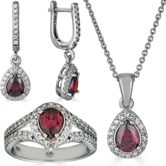 Real 925 Silver Ruby Stone & Diamond Ring Pendant Necklace Earrings Jewelry Set