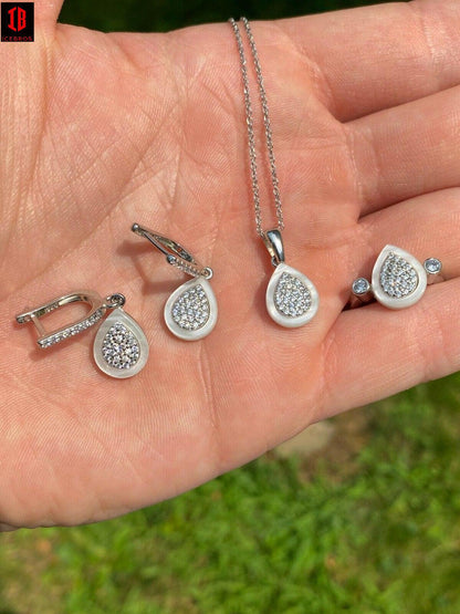Real 925 Silver Teardrop Diamond Pearl Ring Necklace & Earrings Ladies Girls Set