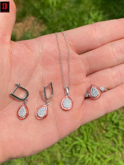 Real 925 Silver Teardrop Diamond Pink Pearl Ring Necklace & Earrings Girls Set
