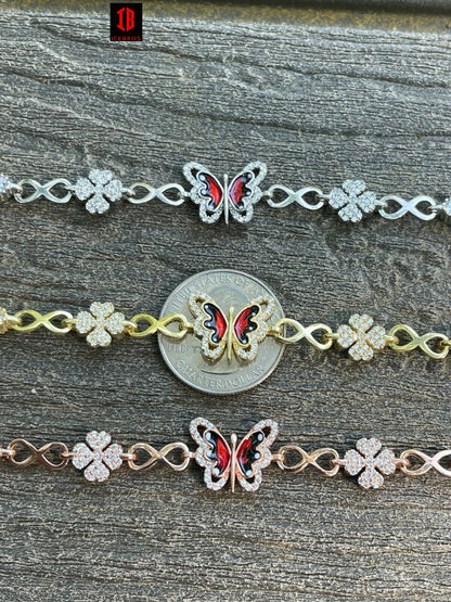 Enamel 925 Silver / Yellow Rose Butterfly & Four Leaf Clover Infinity Bracelet