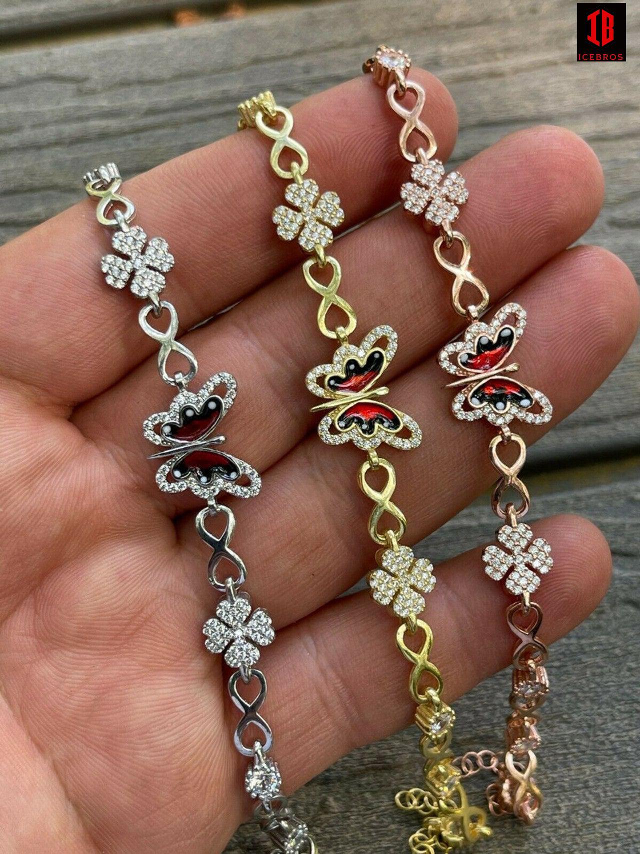 Enamel 925 Silver / Yellow Rose Butterfly & Four Leaf Clover Infinity Bracelet