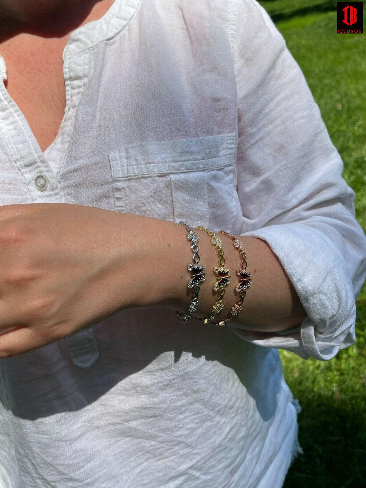 Enamel 925 Silver / Yellow Rose Butterfly & Four Leaf Clover Infinity Bracelet