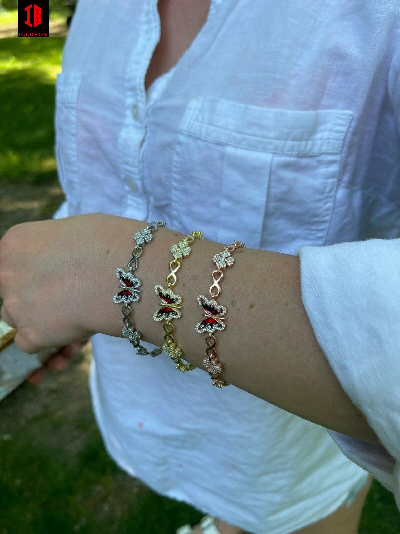 Enamel 925 Silver / Yellow Rose Butterfly & Four Leaf Clover Infinity Bracelet