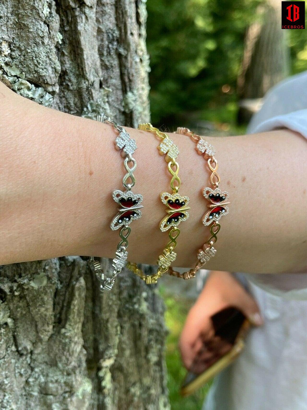 Enamel 925 Silver / Yellow Rose Butterfly & Four Leaf Clover Infinity Bracelet