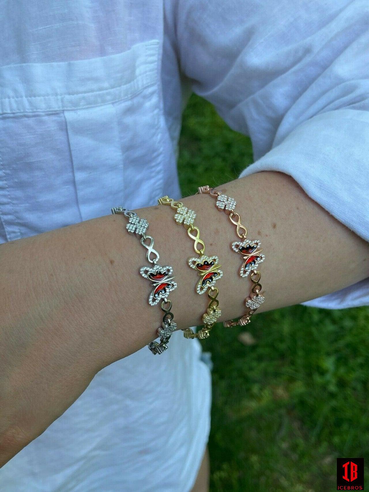 Enamel 925 Silver / Yellow Rose Butterfly & Four Leaf Clover Infinity Bracelet