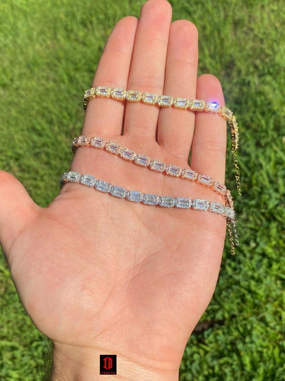 Real 925 Silver / Yellow Rose Gold Baguette CZ Crystal Tennis Halo Bracelet 6mm