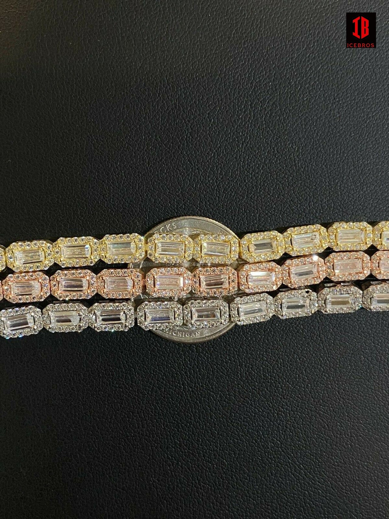 Real 925 Silver / Yellow Rose Gold Baguette CZ Crystal Tennis Halo Bracelet 6mm
