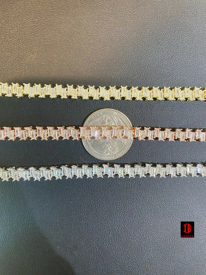 Real 925 Silver / Yellow Rose Gold Baguette Tennis Diamond Ladies Bracelet 6mm