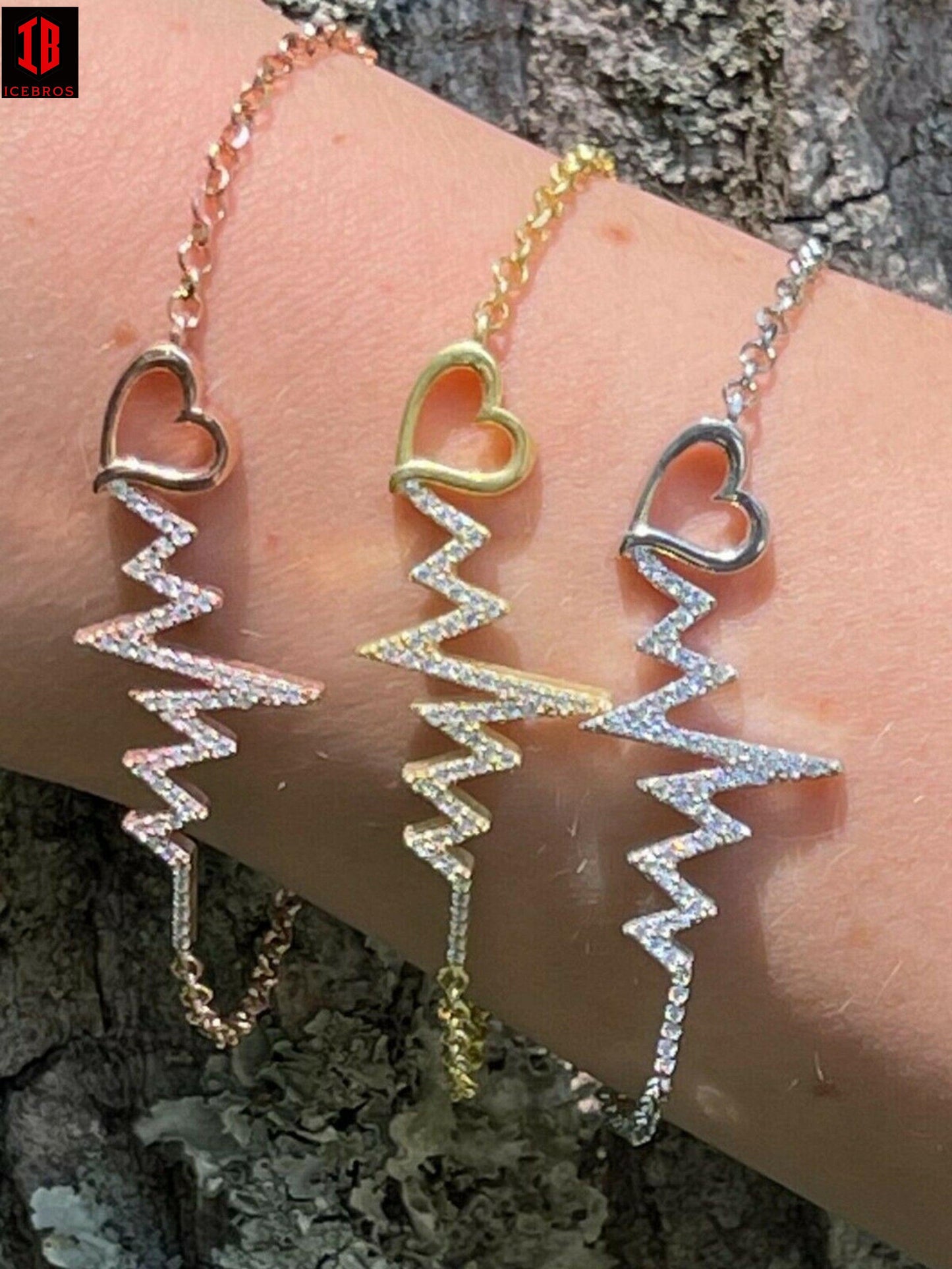 Real 925 Silver / Yellow Rose Gold Beating Heartbeat Pulse Heart Ladies Bracelet