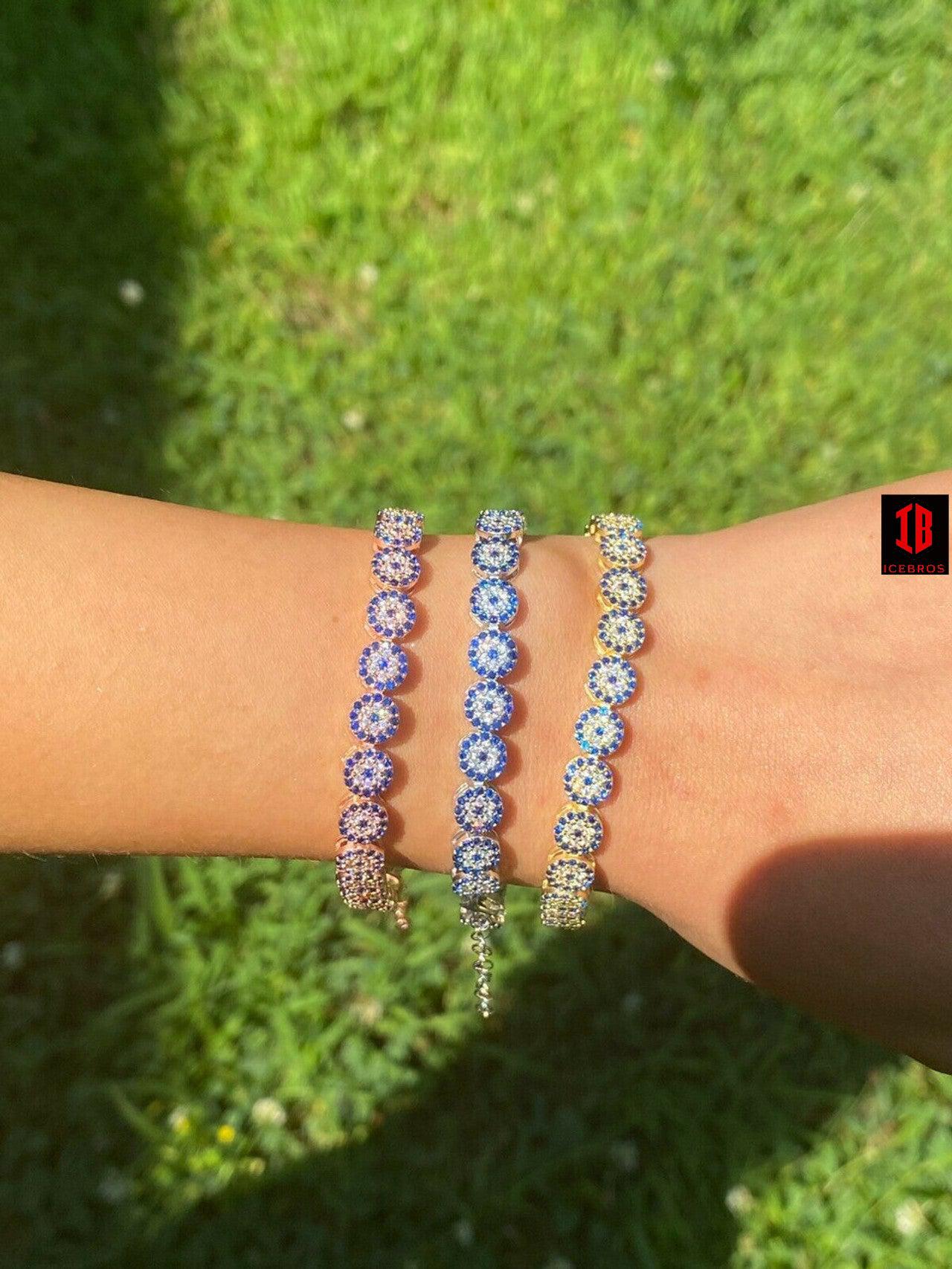 Real 925 Silver Yellow Rose Gold Evil Eye Blue Sapphire Cluster Tennis Bracelet