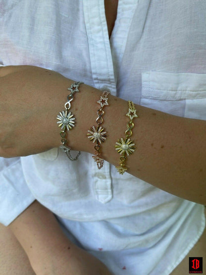 Real 925 Silver / Yellow Rose Gold Flower W. Star Infinity Sunflower Bracelet