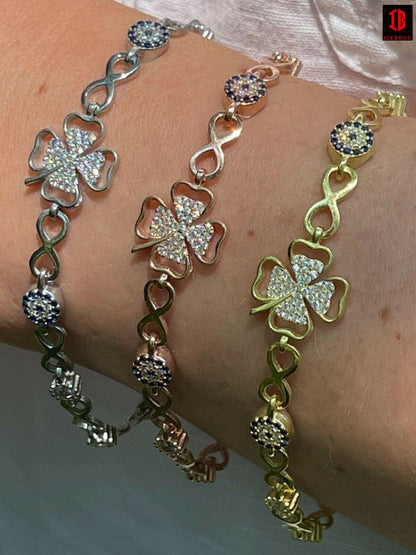 Real 925 Silver / Yellow Rose Gold Four Leaf Clover Evil Eye Infinity Bracelet