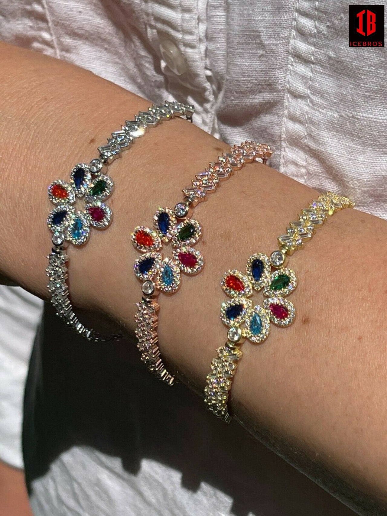 Real 925 Silver / Yellow Rose Gold Multicolor Flower CZ Sapphire Ladies Bracelet
