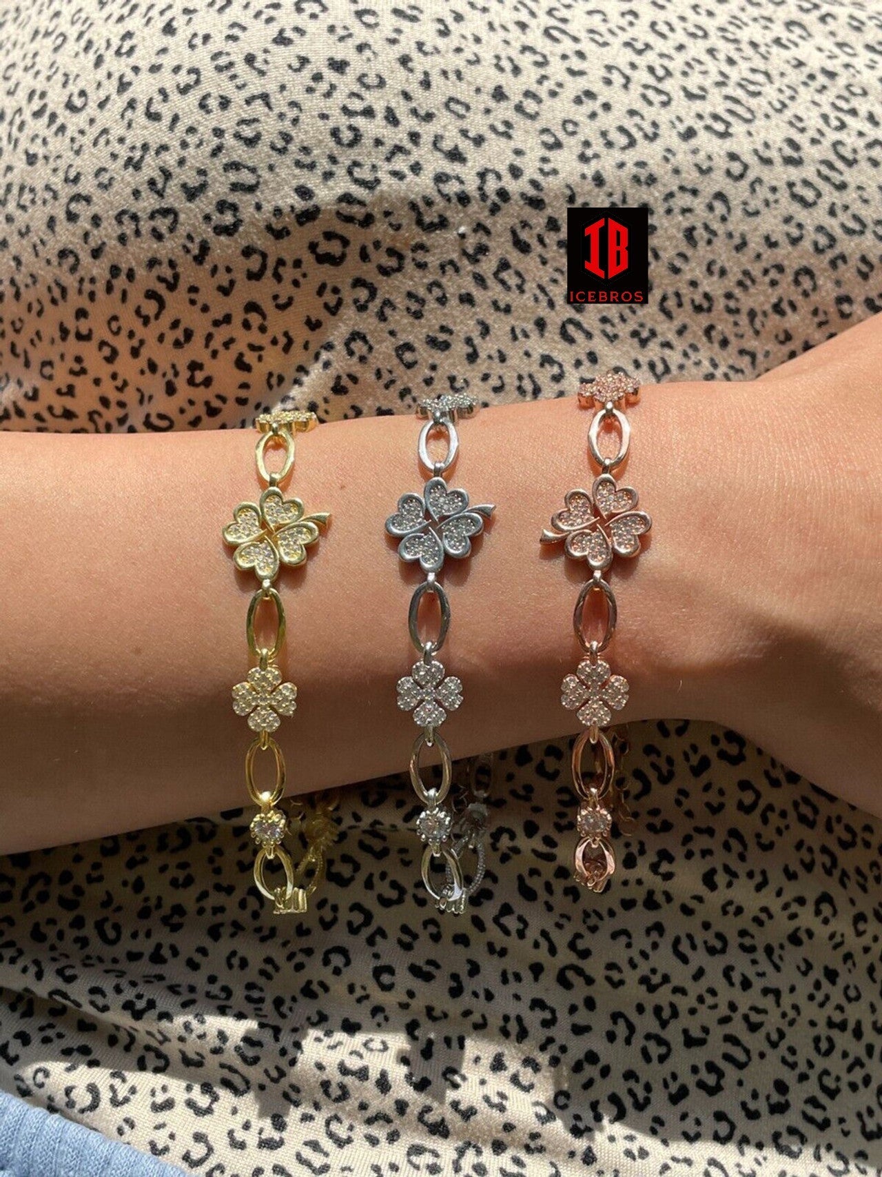 Real 925 Silver Yellow Rose Gold Plated Four Leaf Clover Iced Crystal Bracelet