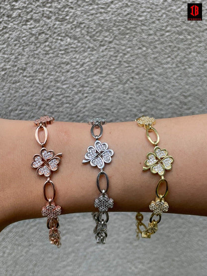 Real 925 Silver Yellow Rose Gold Plated Four Leaf Clover Iced Crystal Bracelet