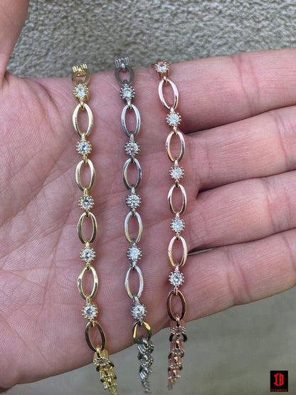 Real 925 Silver Yellow Rose Gold Plated Paperclip W/ Stone Iced Crystal Bracelet