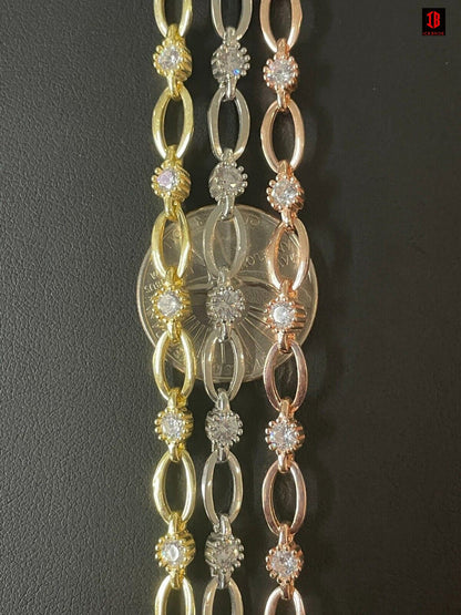 Real 925 Silver Yellow Rose Gold Plated Paperclip W/ Stone Iced Crystal Bracelet