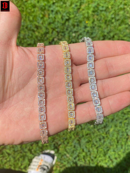 Real 925 Silver / Yellow Rose Gold Square Cluster Bracelet Baguette Diamond