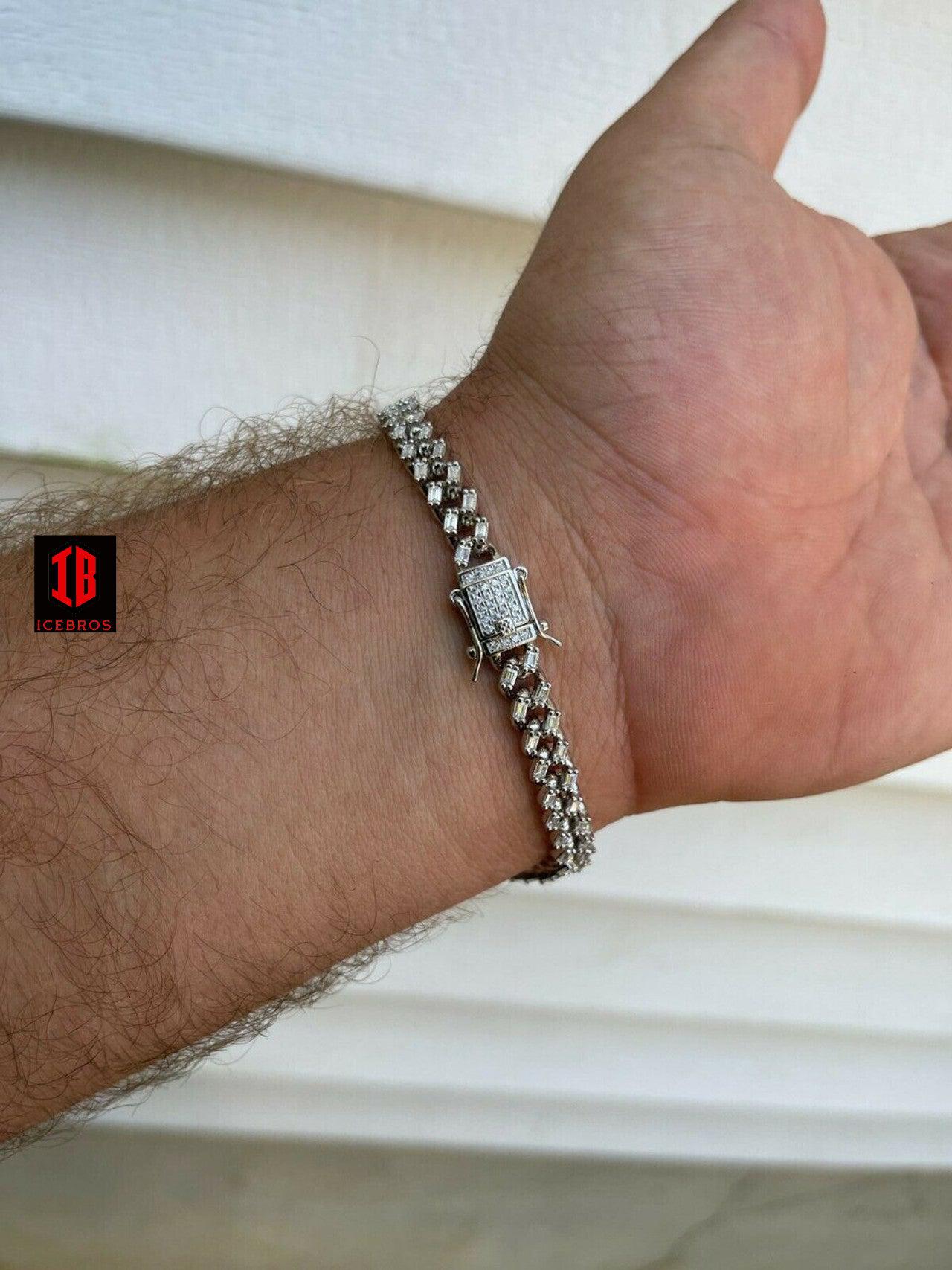 WHITE GOLD Real 925 Sterling Silver 6mm Iced Miami Cuban Bracelet Hip Hop Baguette Diamond