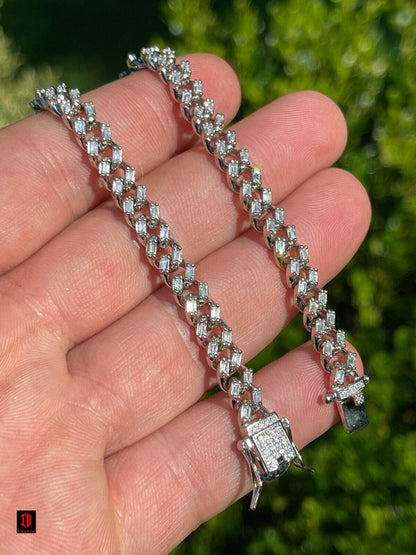 WHITE GOLD Real 925 Sterling Silver 6mm Iced Miami Cuban Bracelet Hip Hop Baguette Diamond