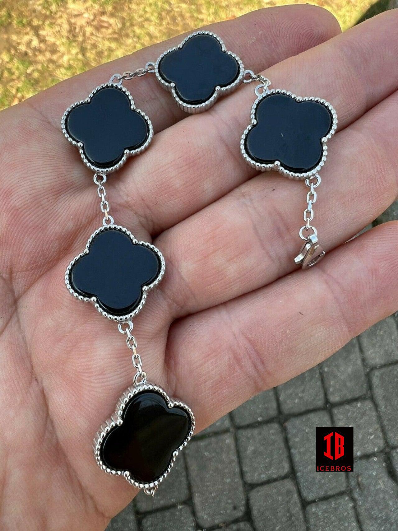 18mm 925 Sterling Silver Black Onyx Alhambra Leaf Clover Flower Bracelet 6-7.5inch