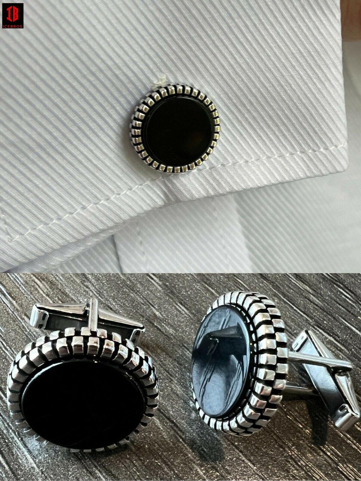 Real 925 Sterling Silver Black Onyx Stone Cuff Links Cufflinks Tuxedo Shirt