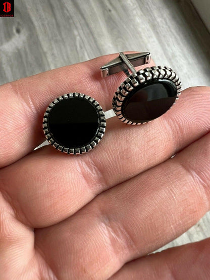 Real 925 Sterling Silver Black Onyx Stone Cuff Links Cufflinks Tuxedo Shirt