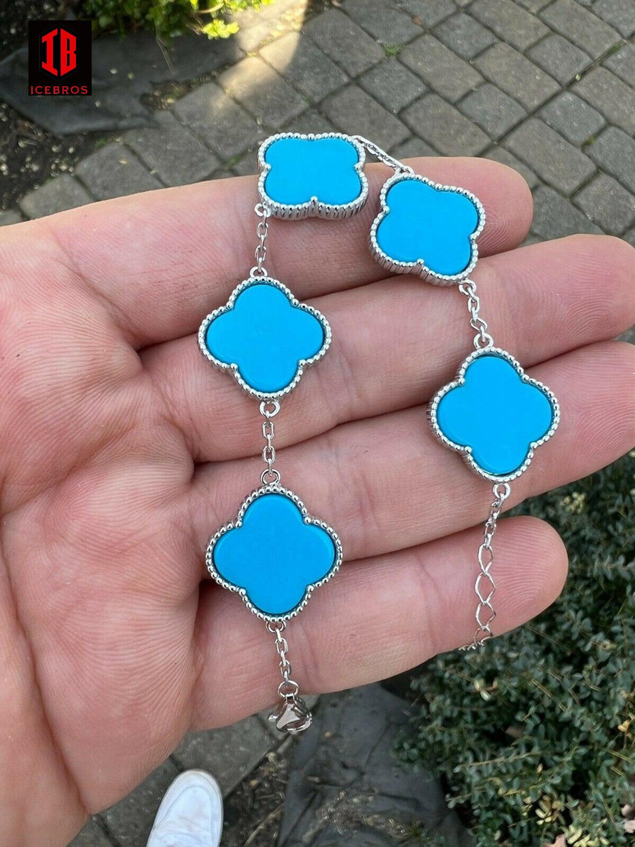 18mm 925 Sterling Silver Blue Turquoise Four Leaf Clover Flower Bracelet 6-7.5inch