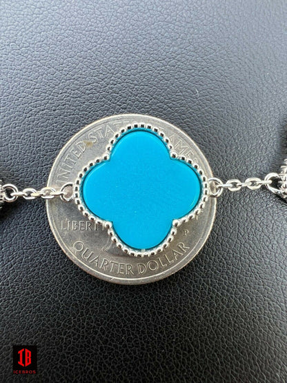 18mm 925 Sterling Silver Blue Turquoise Four Leaf Clover Flower Bracelet 6-7.5inch