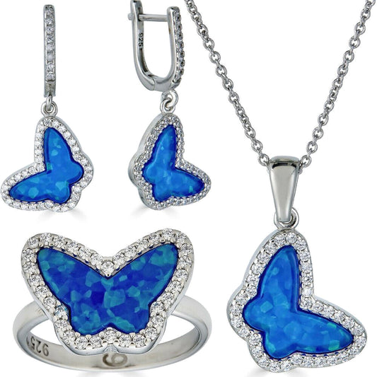 Real 925 Sterling Silver Butterfly Blue Opal Ring Necklace & Earrings Ladies Set