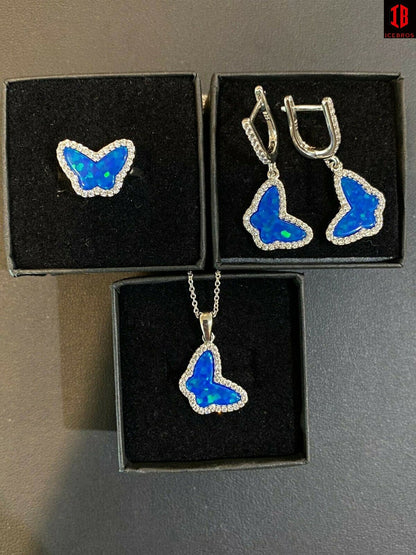 Real 925 Sterling Silver Butterfly Blue Opal Ring Necklace & Earrings Ladies Set