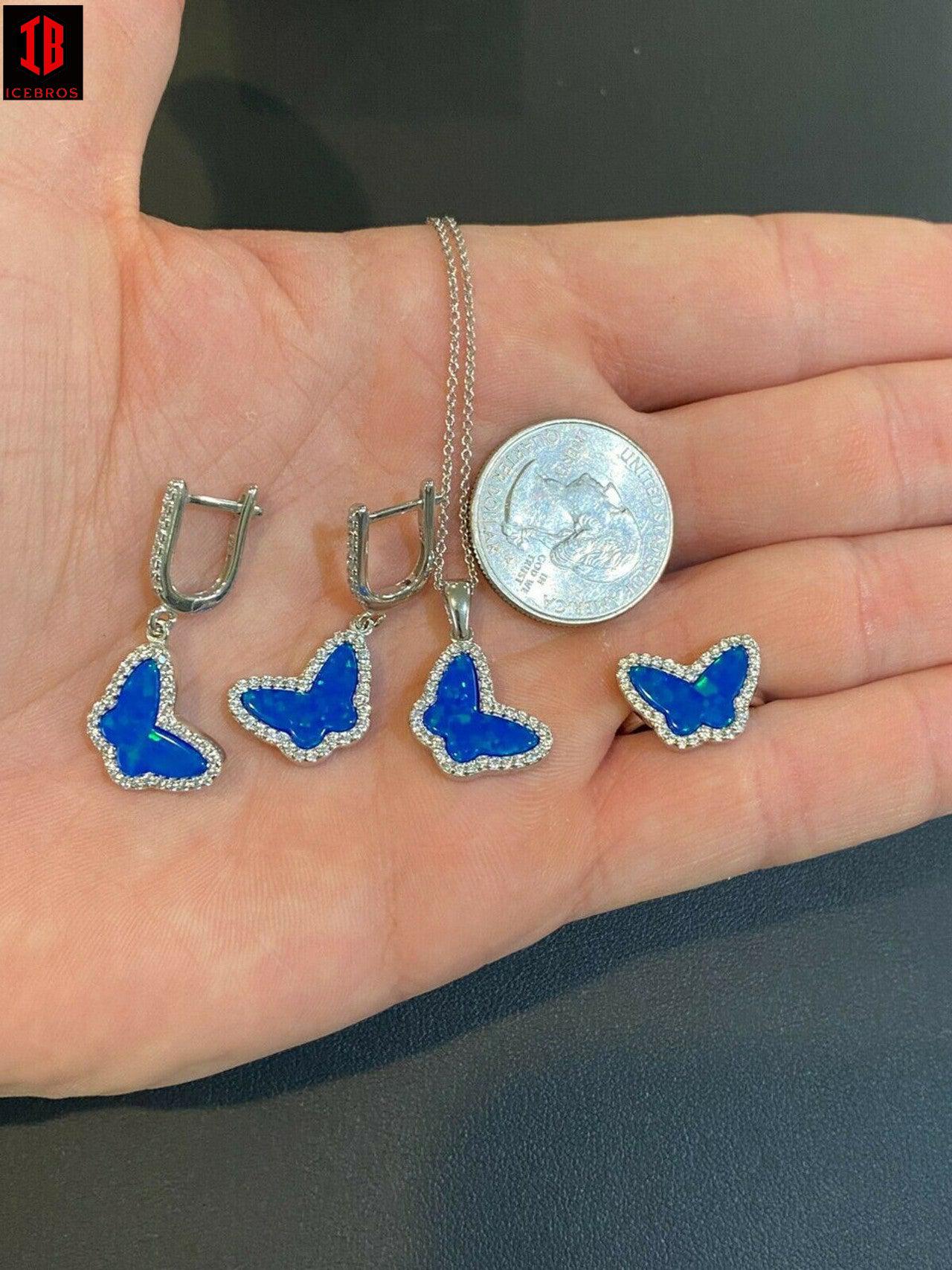 Real 925 Sterling Silver Butterfly Blue Opal Ring Necklace & Earrings Ladies Set