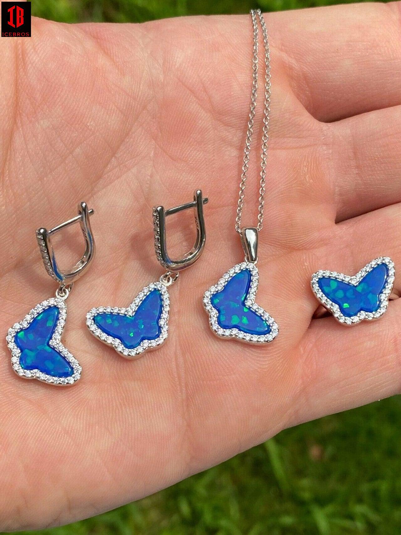 Real 925 Sterling Silver Butterfly Blue Opal Ring Necklace & Earrings Ladies Set