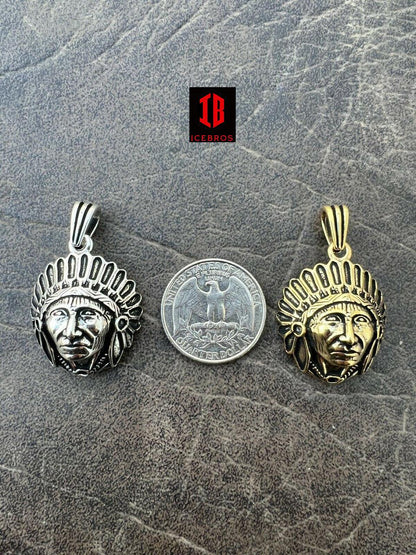 925 Sterling Silver 14K Gold Indian Head Chief Headdress Pendant Necklace