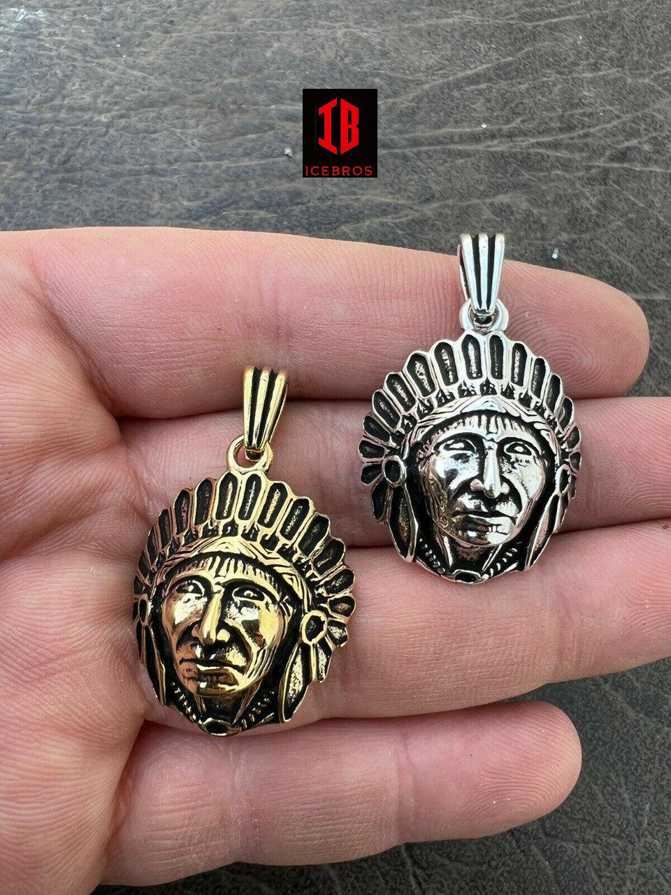 925 Sterling Silver 14K Gold Indian Head Chief Headdress Pendant Necklace