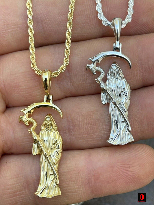 925 Sterling Silver Gold Santa Muerte Grim Reaper Death Pendant Necklace